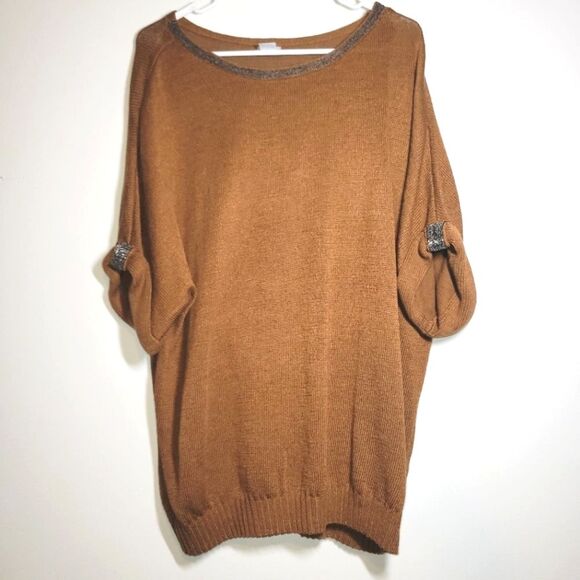 Chicos Brown Beaded Linen Blend Short Sleeve Sweater 2 Large - Picture 1 of 12